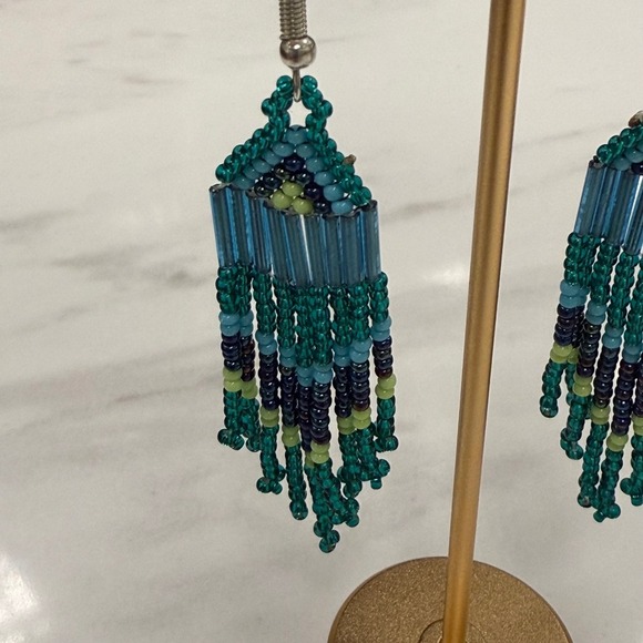 Beaded Fringe Dangle Earrings Green Blue Fashion Jewelry - Picture 3 of 3